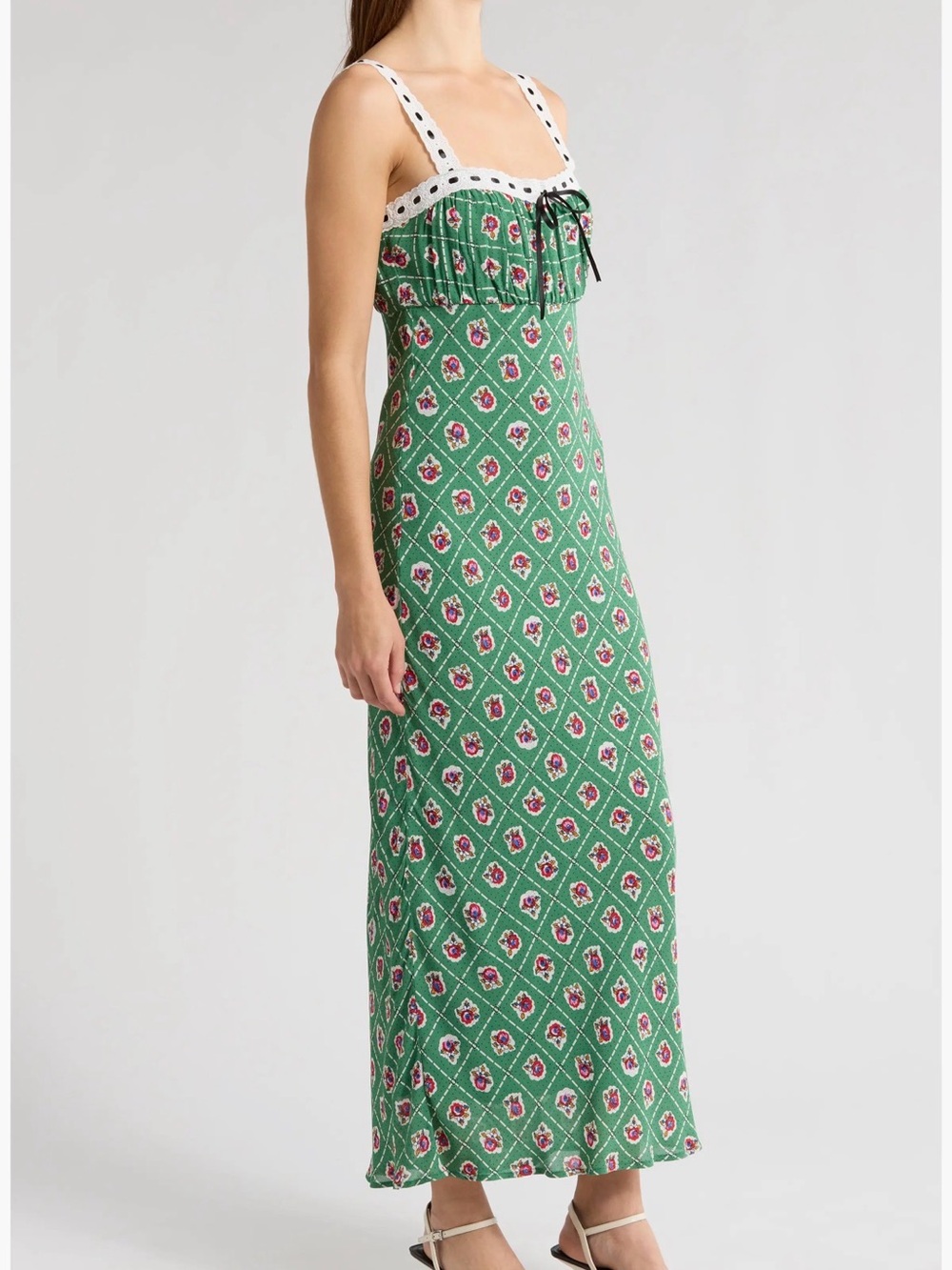 WAYF. Green Patterned Midi Dress with Contrast Trim - Picture 5 of 16